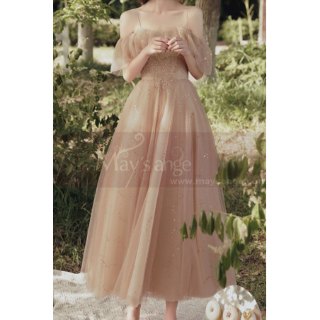 Long sequined bohemian dress in nude tulle with pretty dropped sleeves