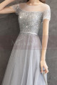 Evening dress in pastel blue tulle with pretty top with rhinestones and lacing at the back - Ref L2378 - 03