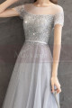 Robe de soirée en tulle bleu pastel avec joli haut à strass et laçage au dos - Ref L2378 - 03