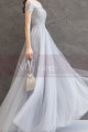 Evening dress in pastel blue tulle with pretty top with rhinestones and lacing at the back - Ref L2378 - 04