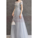 Evening dress in pastel blue tulle with pretty top with rhinestones and lacing at the back - Ref L2378 - 05