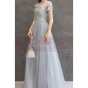 Robe de soirée en tulle bleu pastel avec joli haut à strass et laçage au dos - Ref L2378 - 05