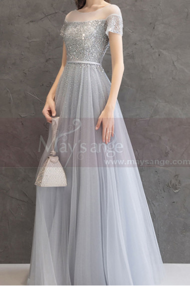 Evening dress in pastel blue tulle with pretty top with rhinestones and lacing at the back - L2378 #1