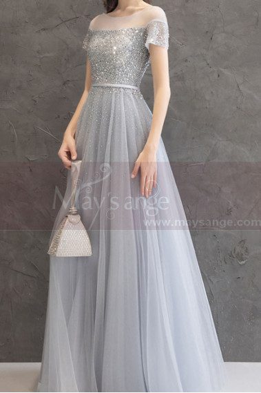 Robe de soirée en tulle bleu pastel avec joli haut à strass et laçage au dos - L2378 #1