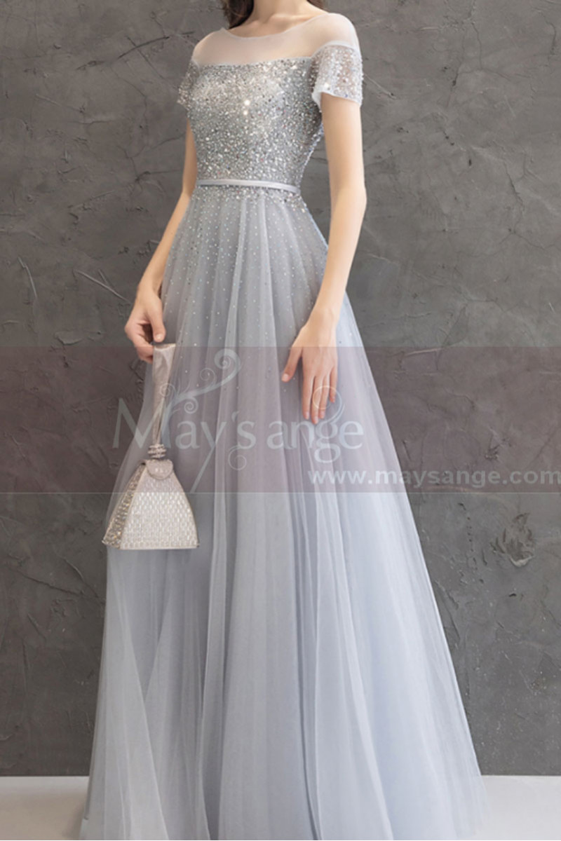 Evening dress in pastel blue tulle with pretty top with rhinestones and lacing at the back - Ref L2378 - 01