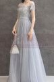 Evening dress in pastel blue tulle with pretty top with rhinestones and lacing at the back - Ref L2378 - 05