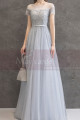 Evening dress in pastel blue tulle with pretty top with rhinestones and lacing at the back - Ref L2378 - 06