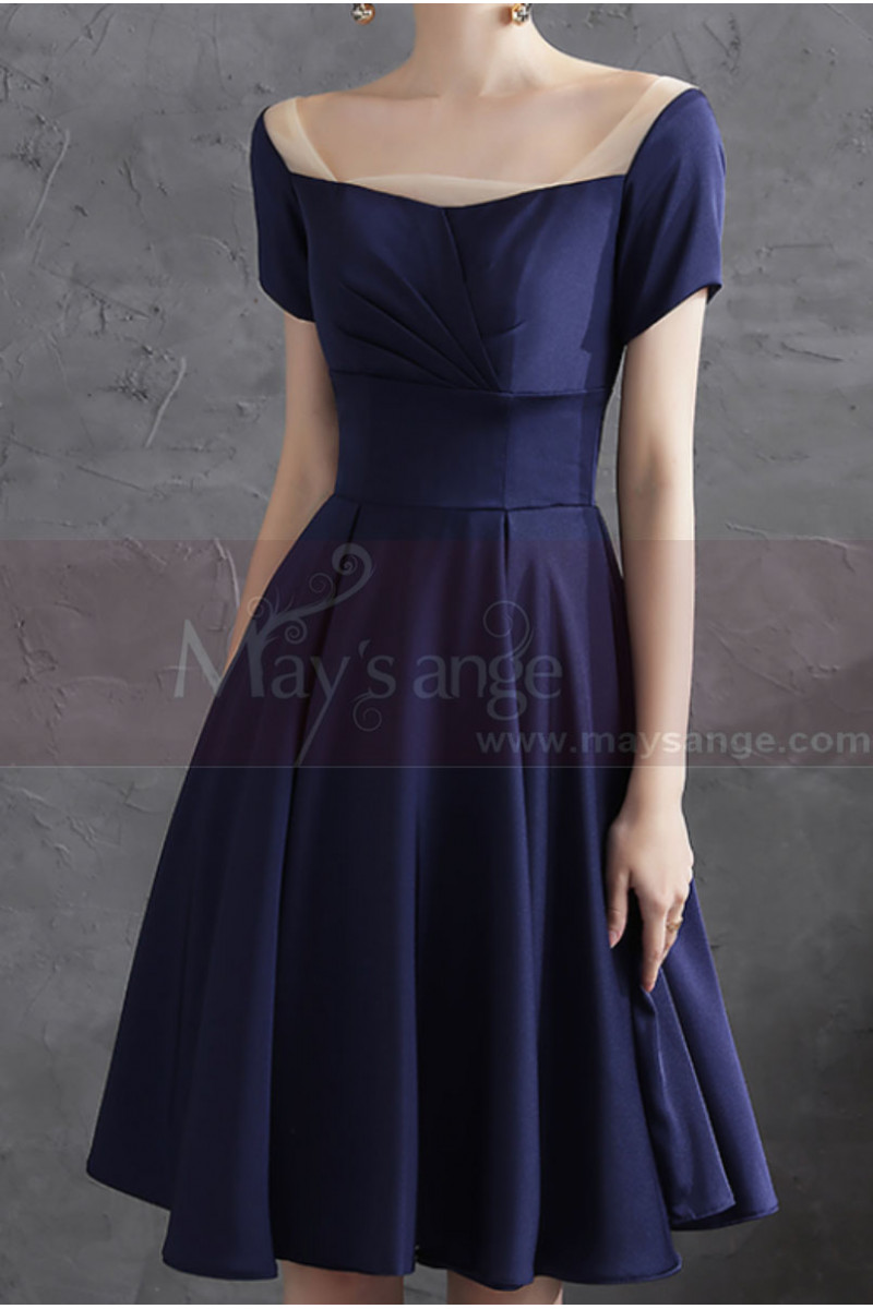 Classy navy blue dress in thick satin belted on the waist for baptism - Ref L2380 - 01