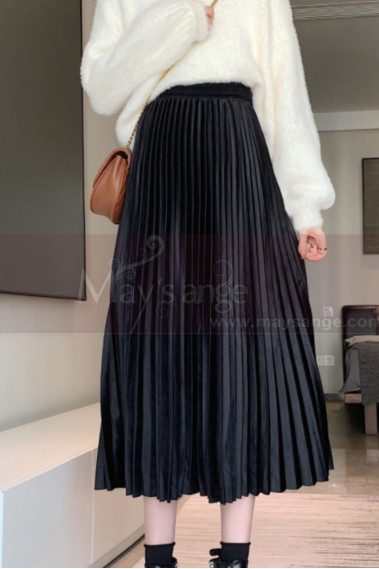 Mid-length black pleated satin skirt - ju100 #1