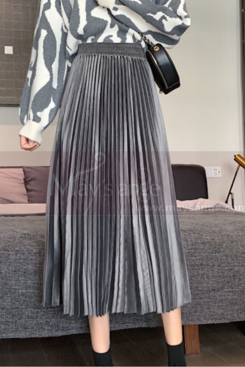 Gray mid-length skirt in shiny satin - Ref ju101 - 01