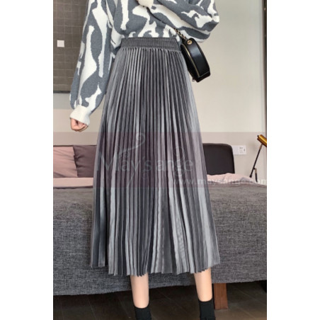 Gray mid-length skirt in shiny satin