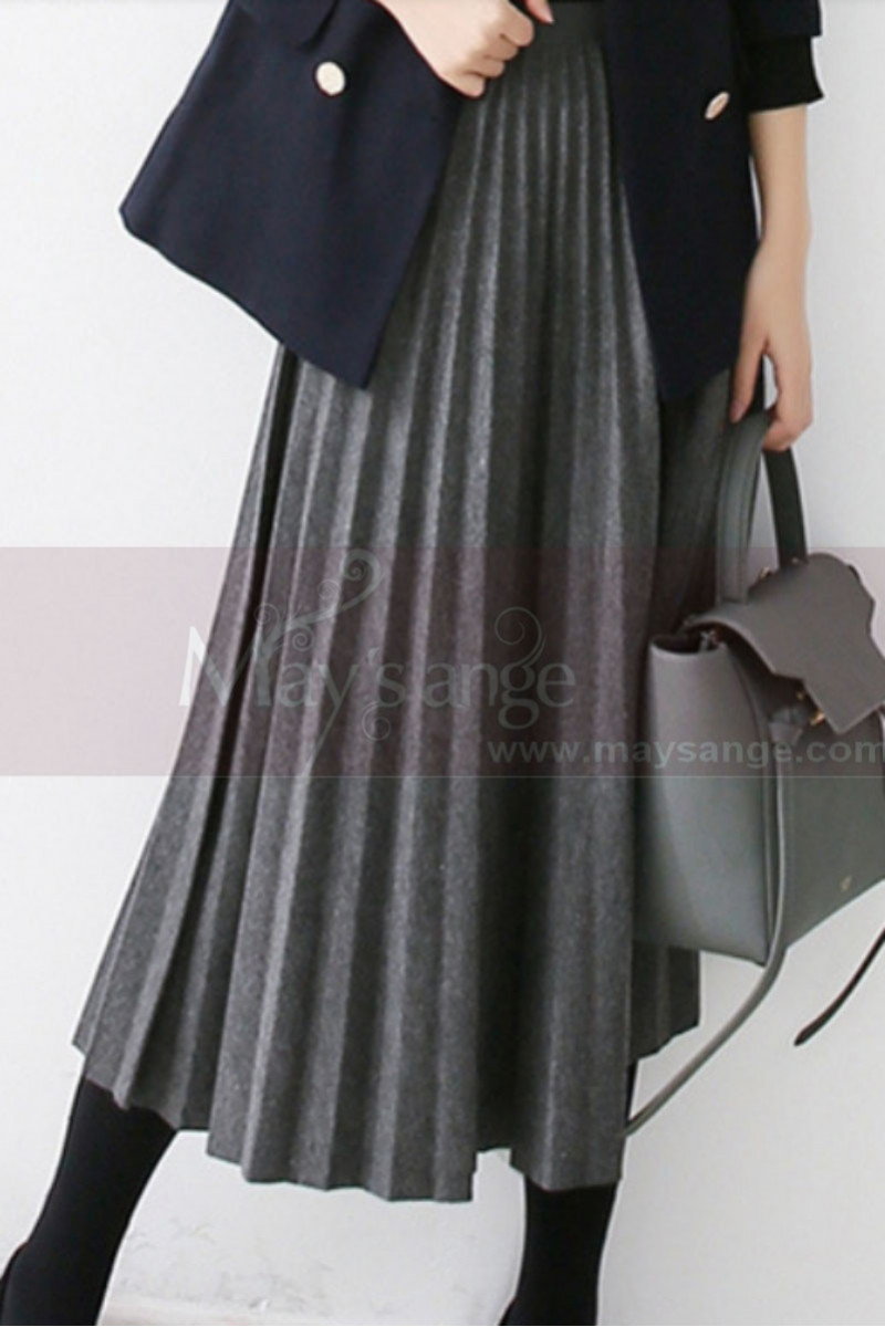Mid-length gray pleated skirt for winter - Ref ju106 - 01