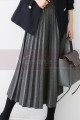 Mid-length gray pleated skirt for winter - Ref ju106 - 02