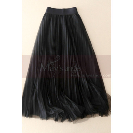 black pleated mid-length tulle skirt