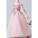 Robe princesse petite fille rose en tulle douce manches longues brodées - Ref TQ016 - 02