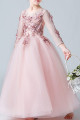 Robe princesse petite fille rose en tulle douce manches longues brodées - Ref TQ016 - 02