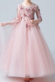 Robe princesse petite fille rose en tulle douce manches longues brodées - Ref TQ016 - 03