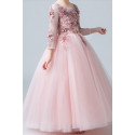 Robe princesse petite fille rose en tulle douce manches longues brodées - Ref TQ016 - 04