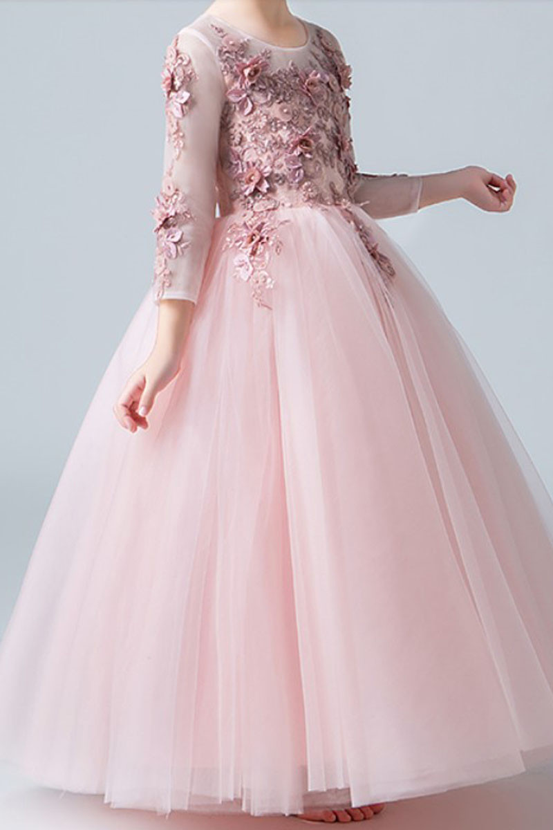 Little girl's princess dress in soft tulle with embroidered long sleeves - Ref TQ016 - 01