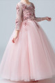 Robe princesse petite fille rose en tulle douce manches longues brodées - Ref TQ016 - 04