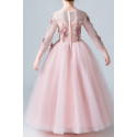 Robe princesse petite fille rose en tulle douce manches longues brodées - Ref TQ016 - 05