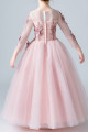 Robe princesse petite fille rose en tulle douce manches longues brodées - Ref TQ016 - 05