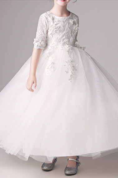 White princess dress in soft tulle with embroidered mid-length sleeves - TQ017 #1