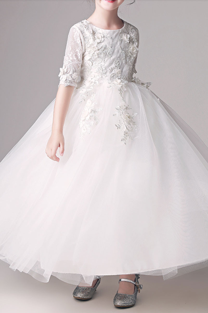 White princess dress in soft tulle with embroidered mid-length sleeves - Ref TQ017 - 01