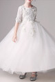 Robe princesse petite fille blanche en tulle douce manches mi longues brodées - Ref TQ017 - 04