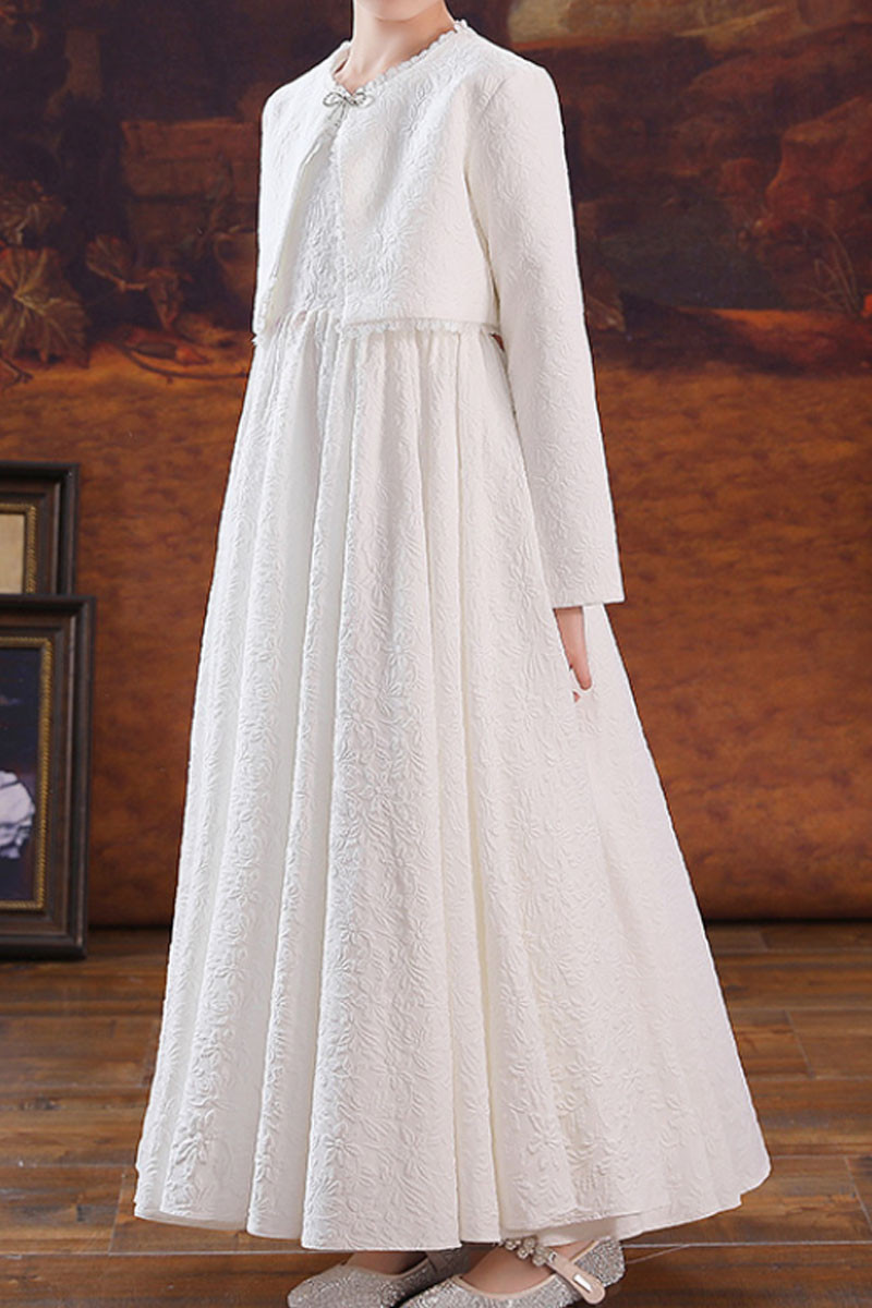 Jolie robe longue blanche en organza avec boléro assorti pour petite fille - Ref TQ018 - 01