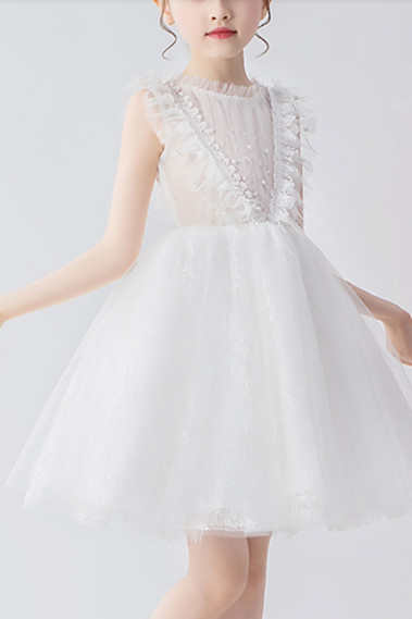 Jolie robe courte en tulle blanc sans manches pour petite fille - TQ020 #1