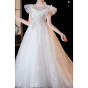 White tulle princess dress with train and short butterfly sleeves for little girl - Ref TQ021 - 03