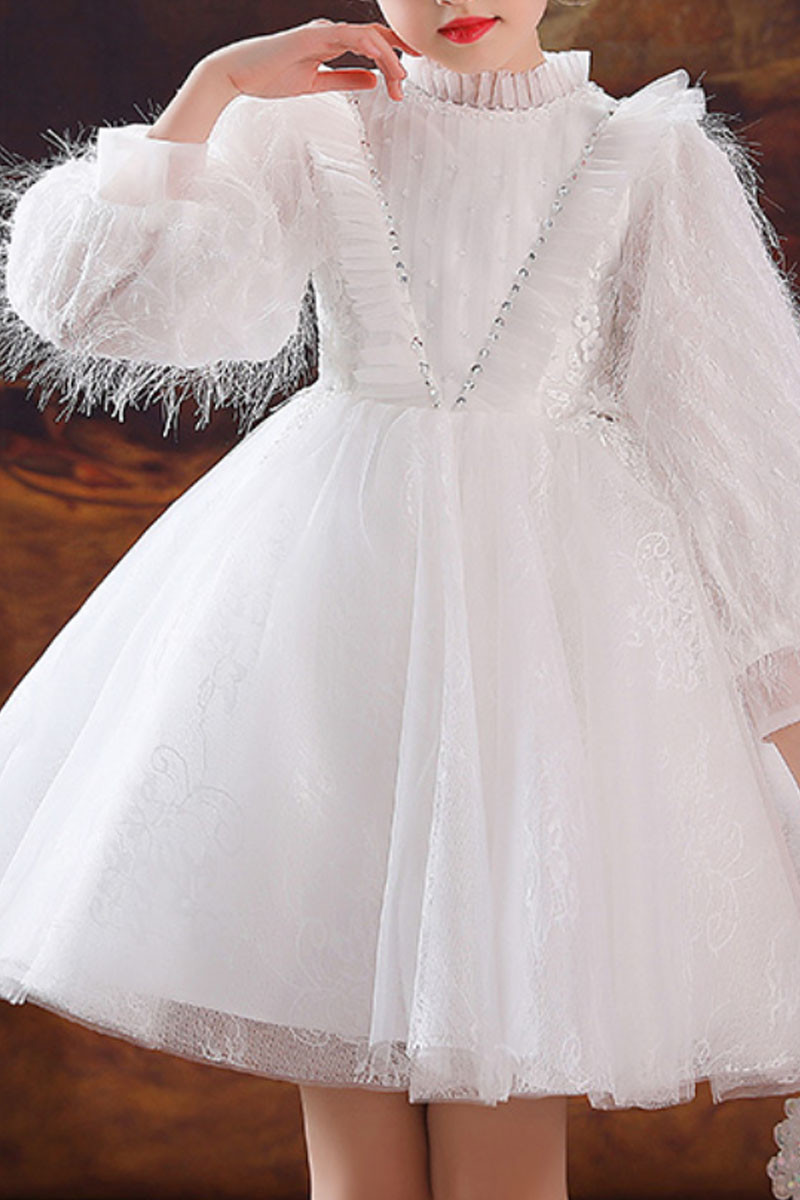 Pretty little girl's short white tulle dress with stylish top and sleeves - Ref TQ022 - 01