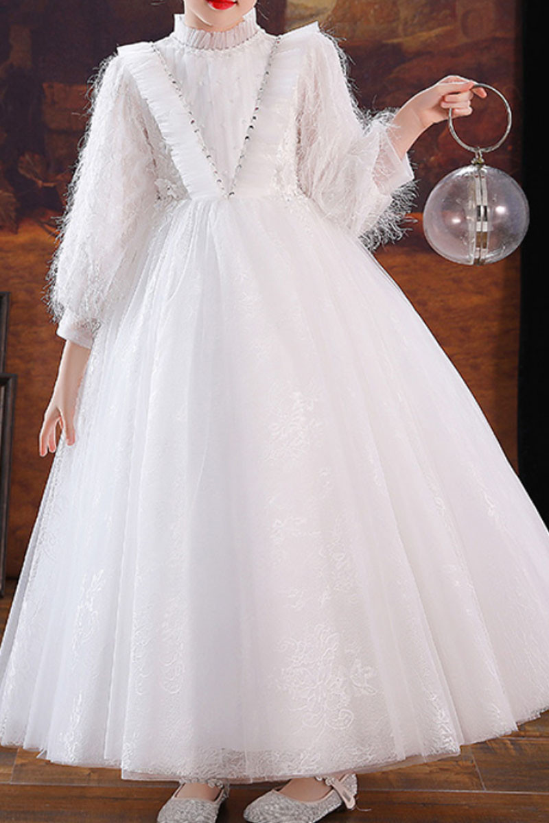 Pretty little girl's white tulle dress with stylish top and long sleeves - Ref TQ024 - 01