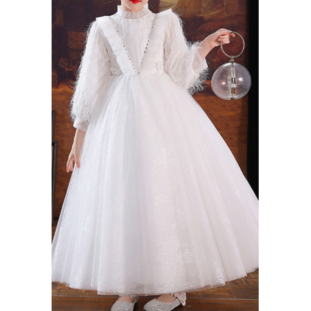 Jolie Robe petite fille blanche en tulle avec haut et manches longues stylés
