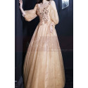 Nude long dress in soft tulle with pretty sequined top and long openwork sleeves for evening - Ref L2382 - 02