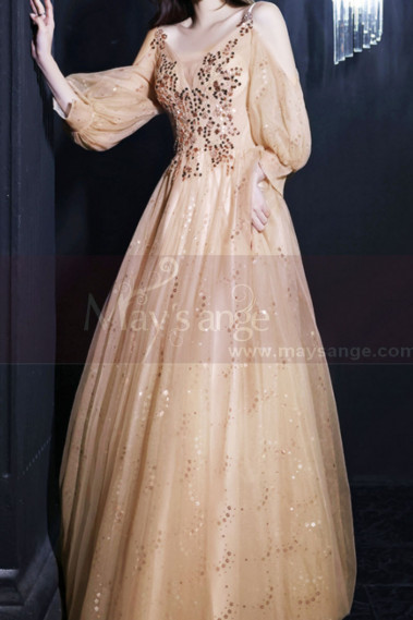 Nude long dress in soft tulle with pretty sequined top and long openwork sleeves for evening - L2382 #1