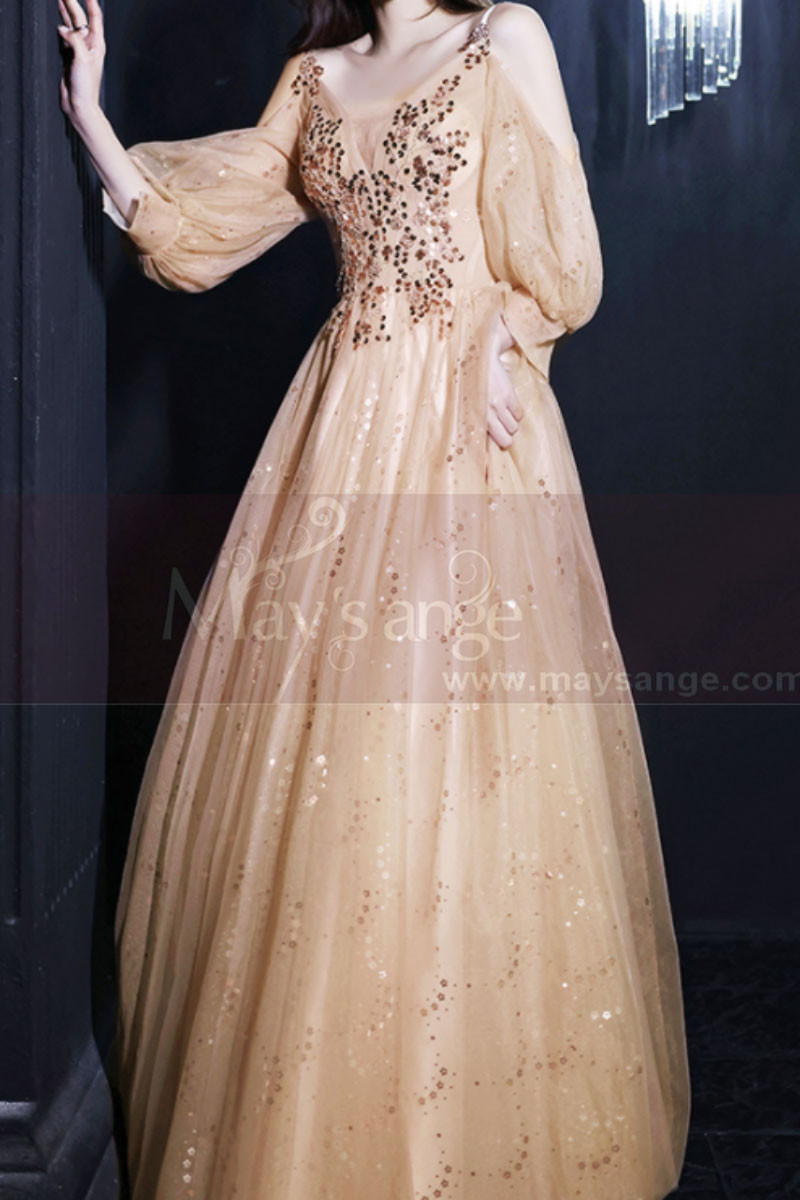 Nude long dress in soft tulle with pretty sequined top and long openwork sleeves for evening - Ref L2382 - 01