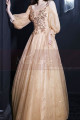 Nude long dress in soft tulle with pretty sequined top and long openwork sleeves for evening - Ref L2382 - 02