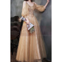 Nude long dress in soft tulle with pretty sequined top and long openwork sleeves for evening - Ref L2382 - 03