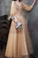 Nude long dress in soft tulle with pretty sequined top and long openwork sleeves for evening - Ref L2382 - 03