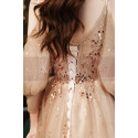 Nude long dress in soft tulle with pretty sequined top and long openwork sleeves for evening - Ref L2382 - 04