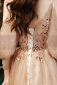 Nude long dress in soft tulle with pretty sequined top and long openwork sleeves for evening - Ref L2382 - 04