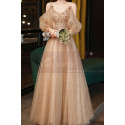 Nude long dress in soft tulle with pretty sequined top and long openwork sleeves for evening - Ref L2382 - 05