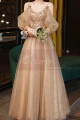 Nude long dress in soft tulle with pretty sequined top and long openwork sleeves for evening - Ref L2382 - 05
