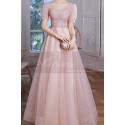 Robe longue rose pastel en tulle pailleté haut et manches courtes ravissantes pour soirée - Ref L2383 - 02