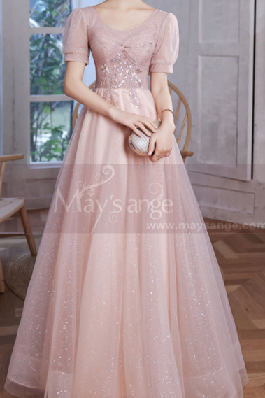 Robe longue rose pastel en tulle pailleté haut et manches courtes ravissantes pour soirée - L2383 #1