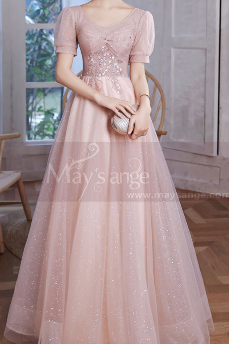Robe longue rose pastel en tulle pailleté haut et manches courtes ravissantes pour soirée - Ref L2383 - 01