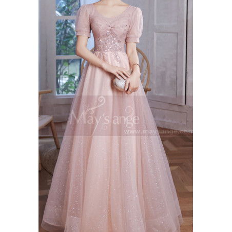 Robe longue rose pastel en tulle pailleté haut et manches courtes ravissantes pour soirée