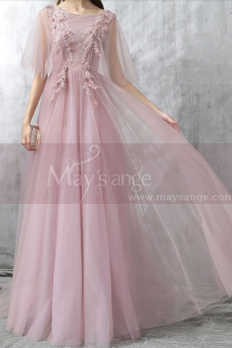 Robe de soirée rose nude en tulle avec haut brodé en fleurs et joli laçage au dos - Ref L2384 - 01